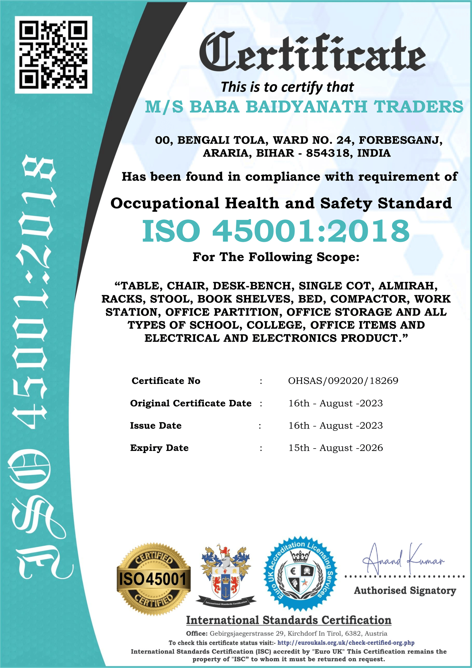 ISO 45001 2018 MS BABA BAIDYANATH TRADERS
